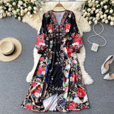 Spring Summer Fashion Runway Elegant Beach Dress Women Deep V Neck Floral Print Boho Holiday Party Long Dress