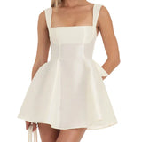 Women Sling Mini Dress Evening Party Summer Clothes Solid Color Sleeveless Backless Square Neck A-line Dress Sexy Club-Outfit