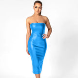 Toloer Color PU Leather Fashion Temperament Slim After The Chest Burst Sexy Long Dress-Outfit