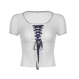 Contrast Bandage Jacquard Cropped Top Women Coquette Aesthetic Short Sleeve T-shirt Summer Casual Cute Tees Girls-Outfit