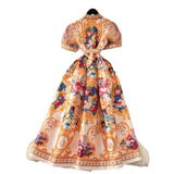 A Women's Court Style V Tie With A Belt Net Yarn Bubble Sleeve Print Large Swing Long Joint