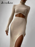2022 Elegant Sexy Women Knitted Suit Turtleneck Sweater Top And High Waist Long Skirt Party Tracksuit Autumn