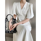 Chiffon Puff Sleeve Split Dress Green White Elegant Summer Women Maxi