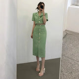 Korea Elegant Lapel Thin Tweed Small Suit Short Jacket + High Waist Chic Button Slim Womens Two Piece Skirt Sets