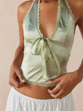 Sexy Women Satin Halter Mini Vest Lace Trim Front Bowknot V-Neck Backless Cropped Camis Off Shoulder Party Tank 2024-Outfit