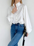 Lantern Sleeves White Shirts Office Ladies Stand Collar Career OL Blouses Drape Loose Satin Soft Tops Spring