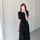Chic Korean Temperament Slim Sexy Hollow Out Dresses O Neck Short Sleeve Wrap Hip Knitted Dress White Lady Summer