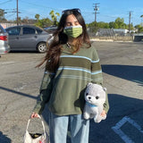 Green Crewneck Oversized Striped Sweater Women Knitwear Grunge Y2K Long Sleeve Top Pull Knitted Sweater Vintage