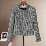 Fall Winter Small Fragrance Women Tweed Outerwear Vintage Elegant Golden Button Blends Wool Female Long Sleeve Jacket