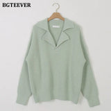 Elegant Turn-Down Collar Loose Women Sweaters Full Sleeve Solid Female Knitted Pullovers 2021 Autumn Winter