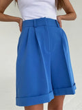 New Summer Women's High-waisted Cuffed Solid Color Wide-leg Pants Fashion Overalls Women's Shorts Casual Five-point