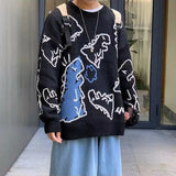 O-Neck Long Sleeve Women's Oversize Sweater Solid Dinosaur Printed Y2k Knitted Sweater Loose Casual Oversized Knitted