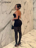 Women's Solid Lace Two Piece Set Sexy Strapeless Mini Dress+Elastic Mid-Waist Pants Pantyhose Streetwear Summer Outfits-Outfit