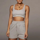 Solid Sportswear Two Piece Sets Women 2021 Crop Top And Drawstring Shorts Matching Set Summer Athleisure