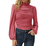 New T Shirt Women Clothing Solid Stand Neck Long Sleeve Plus Size Fashion Ruched Chic Tops Ladies Casual Slim Tee