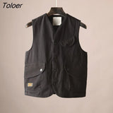 Women Solid Single Breasted Teens Stylish Ins Pockets Sleeveless Summer Vintage V-Neck New Cargo Students All-match