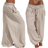 Pants Women Fashion Casual Loose Long Pants Solid Color Baggy Harem Pants Summer Button Sashes Wide Leg Trousers