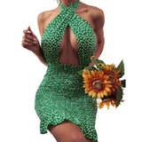 Women Close-fitting Backless Dress Sexy Floral Printed Pattern Halter Neck Hollow Out Short Dresses Summer 2024 Club Wear-Outfit
