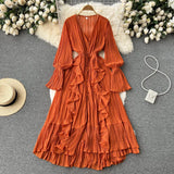 Bohemian Beach Long Dress Summer Women 2022 Ruched Long Sleeves V Neck Elegant Elastic Waist A Line Beach