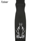 Gothic Print Midi Dress For Women Summer Turtleneck Dark Academia Fashion Long Dress Harajuku Sleeveless Black