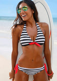 and White Halter Striped Print Bow Two Piece