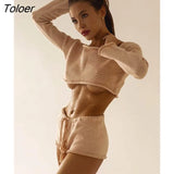 Knit Stripe Crop Top Shorts Suits Women Long Sleeves Top Drawstring Shorts 2 Two Piece Set Sweater 2023 Beach Holiday 425-1-Outfit