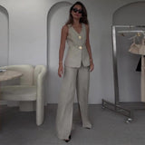 Women's Temperament Elegant Solid Color V-Neck Sleeveless Vest High-Rise Broad Leg Trousers