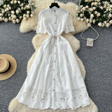 Summer Women's Dress Small High-End Embroidery Single Buckle Waist Elegant Knee Long
