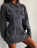 Trendy Turndown Collar Button Up Mini Denim