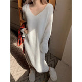Winter Elegant Knitted Midi Dress Women Pure Color Y2k Clothing Faux Fur Sweater Dress Chic One Piece Dress Korean