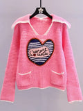 Navy Collar Korean Fashion Cute Knitted Tops Autumn Winter New Pocket Pull Femme Love Sweater Female Sueters De