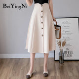 High Waist Elegant Swing A Line Skirt Women Solid Color Black Work Wear Office Ladies Skirts Single-breasted
