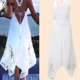 Women Lace Patchwork Sleeveless Backless Dress Summer Sexy Strapless Lace-Up Beach Dress Beachwear Women Lace