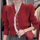 Year's Red French Chic V-Necked Lace Long-Sleeved Sweater Women's Autumn And Winter New Short Knitted Cardigan-Outfit