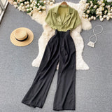Office Lady Notched Collar Patchwork Romper Women Elegant Short Sleeve High Waist Wide Leg Playsuits Female Summer OL
