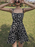2022 Floral Printed Women's Dress Vintage French Elegant Casual High Waist Thin Off Shoulder Sleeveless Midi Slip