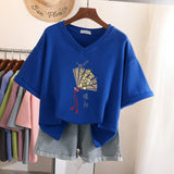 100% Cotton L-5XL Plus Size T Shirt Print Short Sleeve Women's Top Japanese Summer Sweet Couple V Neck Oversize T