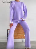 Women Casual Contrast Slit Sweater Suits O-Neck Knitted Pullover And Wide Leg Pants Female 2 Piece Set Elegant Warm Lilac