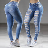 Jeans High Waisted Straight Skinny Stretchy Pant Streetwear Ladies Hole Washed Bandage Denim Pencil Pants Trousers