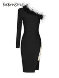 Patchwork Fur Asymmetrical Dress For Women Diagonal Collar Long Sleeve High Waist Midi Dresses Female Clothing