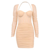 Toloer Women's Sexy Mesh Perspective Fishbone Fold Show Back Tight Package Hip Halter Skirt Summer Dress