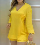 Summer Casaul Women Home Wear Solid Suit Sets Long Sleeve Plain Bell Sleeve V-Neck Top & Pants