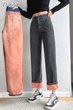 Winter New Women Thick Velvet Jeans Fleece Full Length Fashion High Waist Wide Leg Pants Jean Casual Warm Denim
