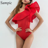 Sexy Ruffle Bodysuit Body Women Summer Beach One Shoulder Backless White Black Red Rompers Womens Jumpsuit