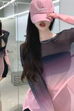 T Shirt Women Sexy Hollow Out Thin Gradient Oversized Tops Fashion See Throught Summer Tshirts Backless Y2k