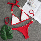 Toloer 2023 New Sport Bikini Sexy Crystal Diamond Bandage Red Split Female
