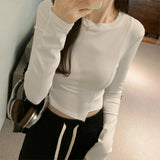 Feeling Round Collar Solid Color Fishbone Blouse Women's Autumn New Style Long Sleeves Waist Short Style Bottom Shirt Trend-Outfit