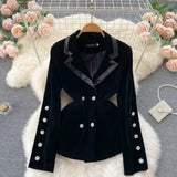 Women Black Velvet Suit Jacket Winter Double Breasted Long Sleeve Ladies Slim Office OL Blazer