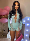 Summer Bodycon Jumpsuit Women 2022 One Piece Outfit Rompers Womens Jumpsuits Long Sleeve Diamond Hollow Out Blue