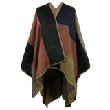 New Women's Winter Thicken Ponchos and Capes Plaid Color Block Blanket Wrap Cape Women Open Front Shawl Knitted